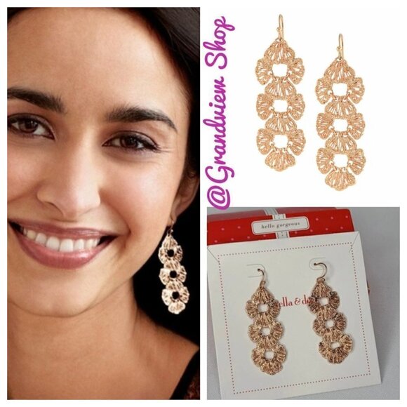 Stella & Dot Geneve Rose Gold Earrings Lace Linear - Picture 2 of 6